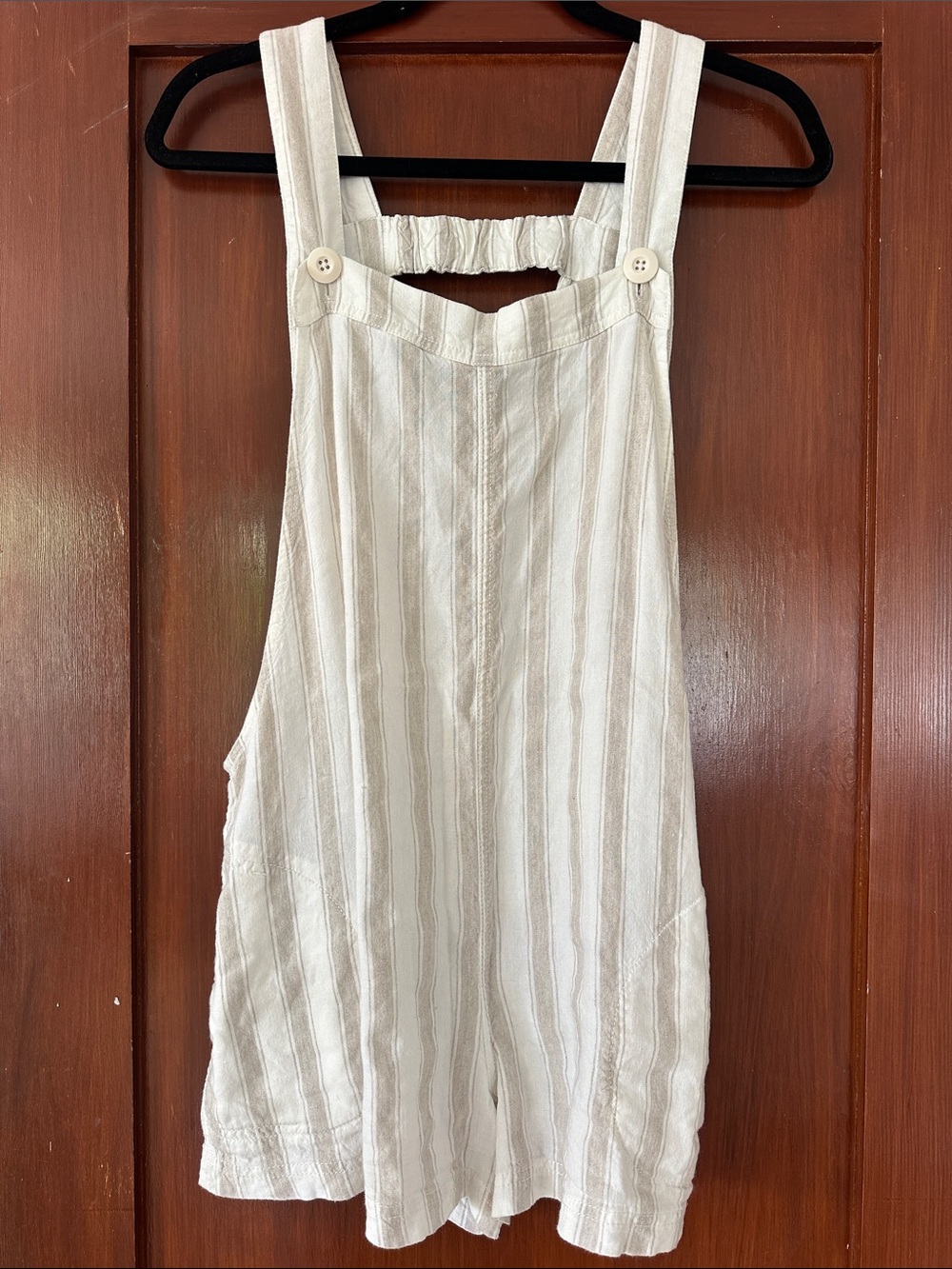 Free People Women’s Cream Striped Linen-Blend Short Overalls